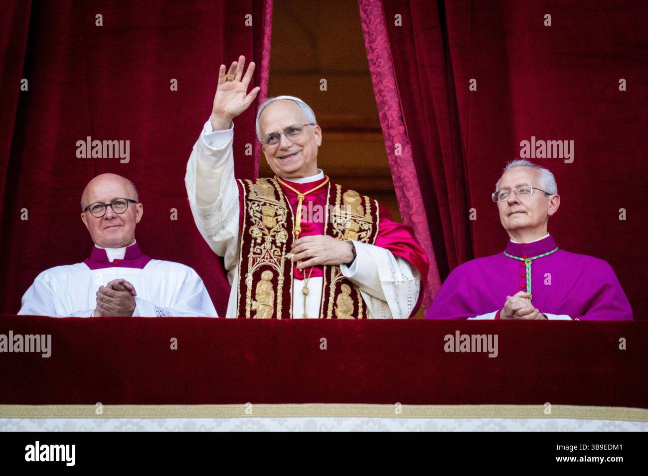 Newly elected Pope Leo XIV (Cardinal Robert Francis Prevost) appears on the balcony of St. Peter's Basilica in Vatican City, Vatican, on 07 May 2025. Stock Photo