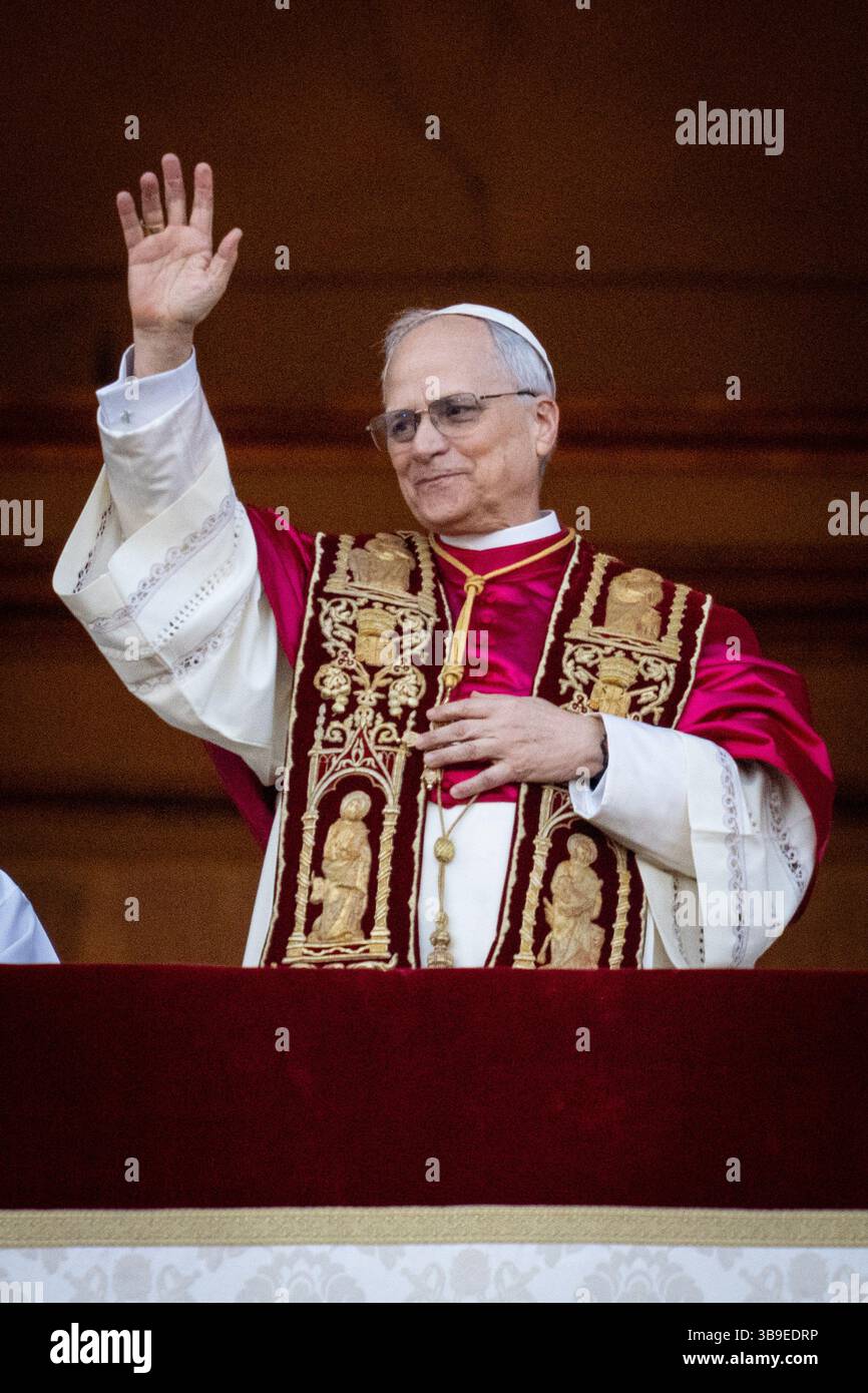 Newly elected Pope Leo XIV (Cardinal Robert Francis Prevost) appears on the balcony of St. Peter's Basilica in Vatican City, Vatican, on 07 May 2025. Stock Photo