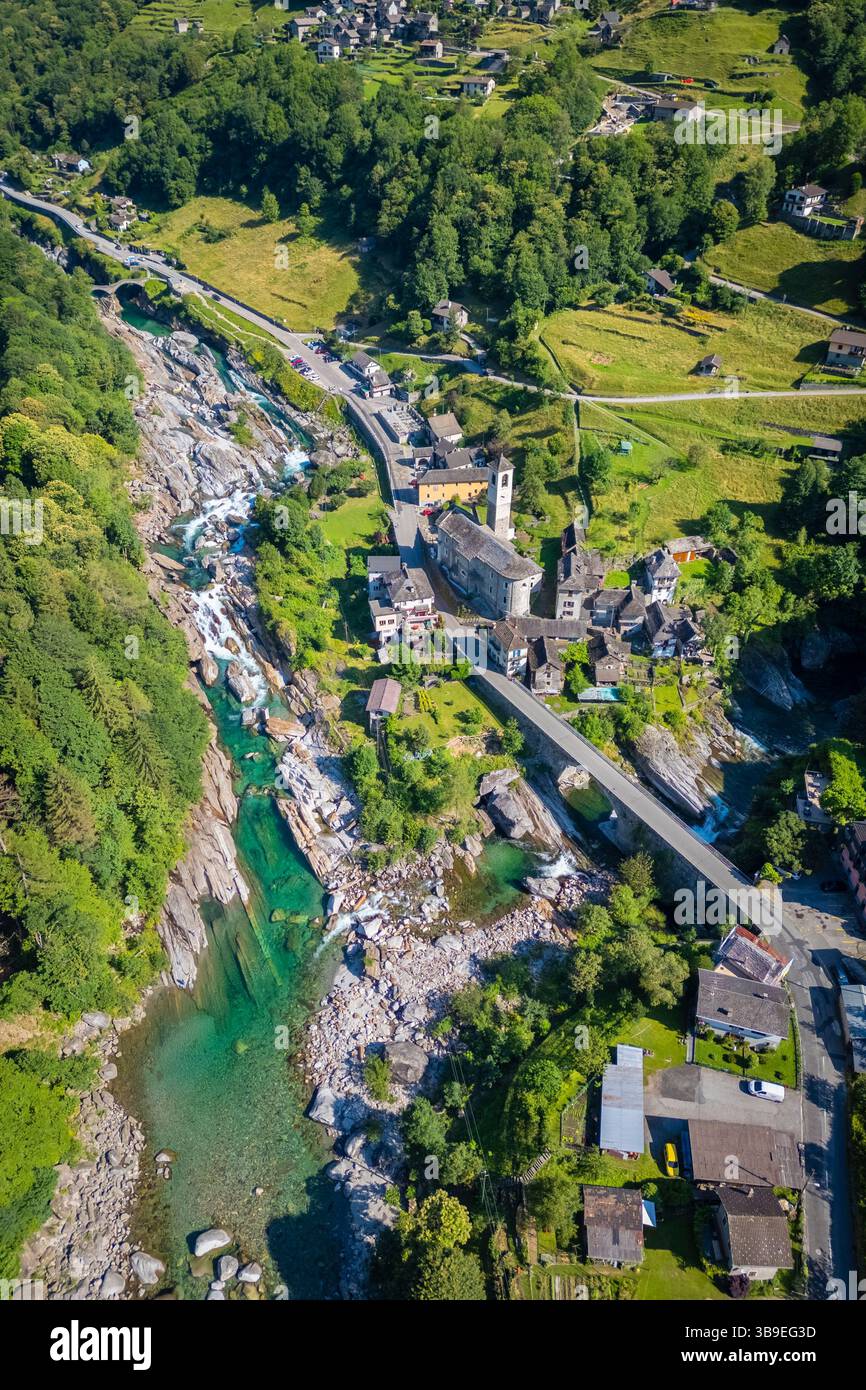 Aerial view of the church and town of Lavertezzo. Lavertezzo, Verzasca Valley, Locarno, Canton Ticino, Switzerland, Western Europe. Stock Photo