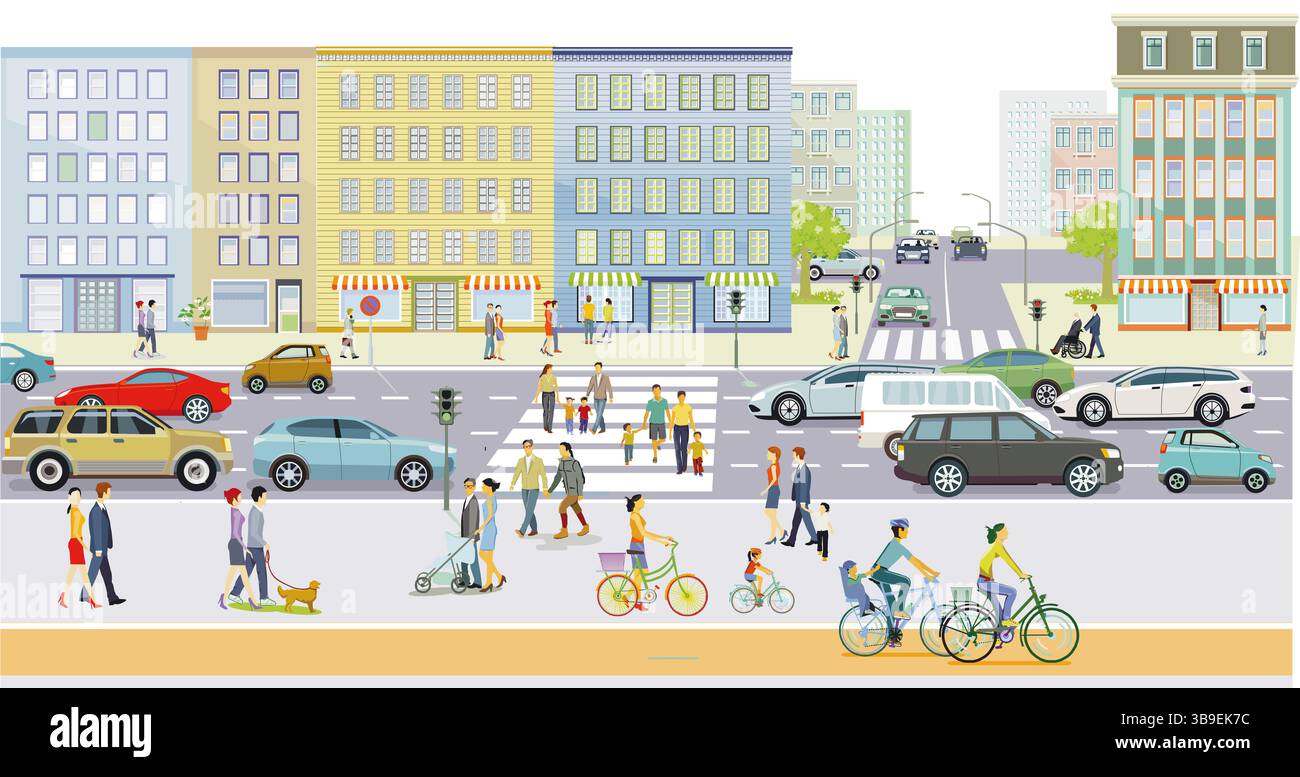 City silhouette with road traffic and pedestrians on the pedestrian ...
