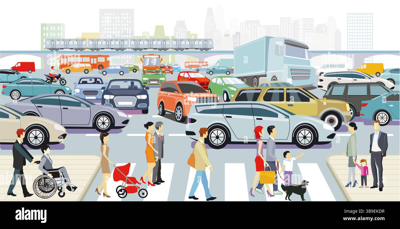 Car on the road crossing in traffic jam, illustration Stock Photo - Alamy