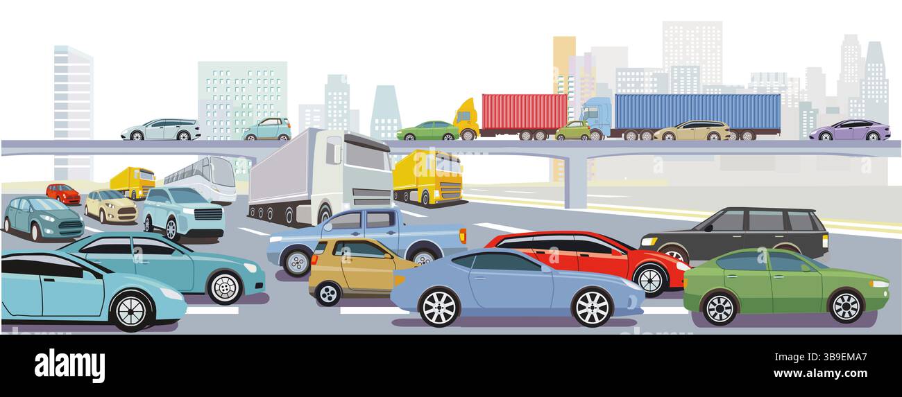 Road traffic with cars and trucks in a traffic jam illustration Stock ...