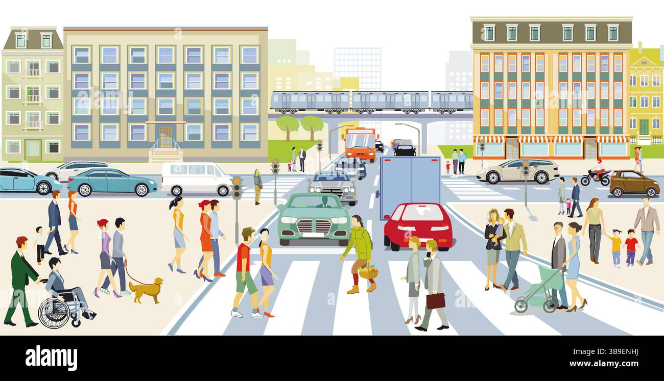 Cars on the street crossing in the big city with pedestrian crossing ...