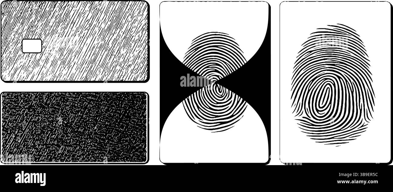Engraved id and bank card illustration set featuring fingerprint ...