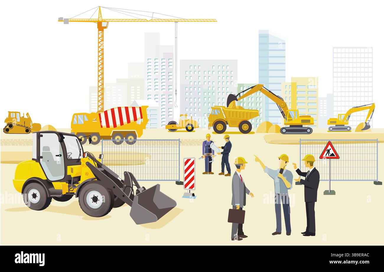 Building site with architects, construction machines and heavy trucks ...