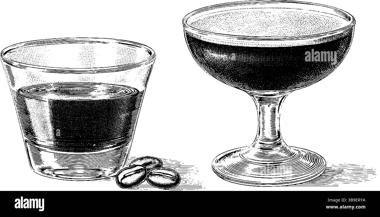 Engraved illustration of espresso martini and coffee cocktail in ...