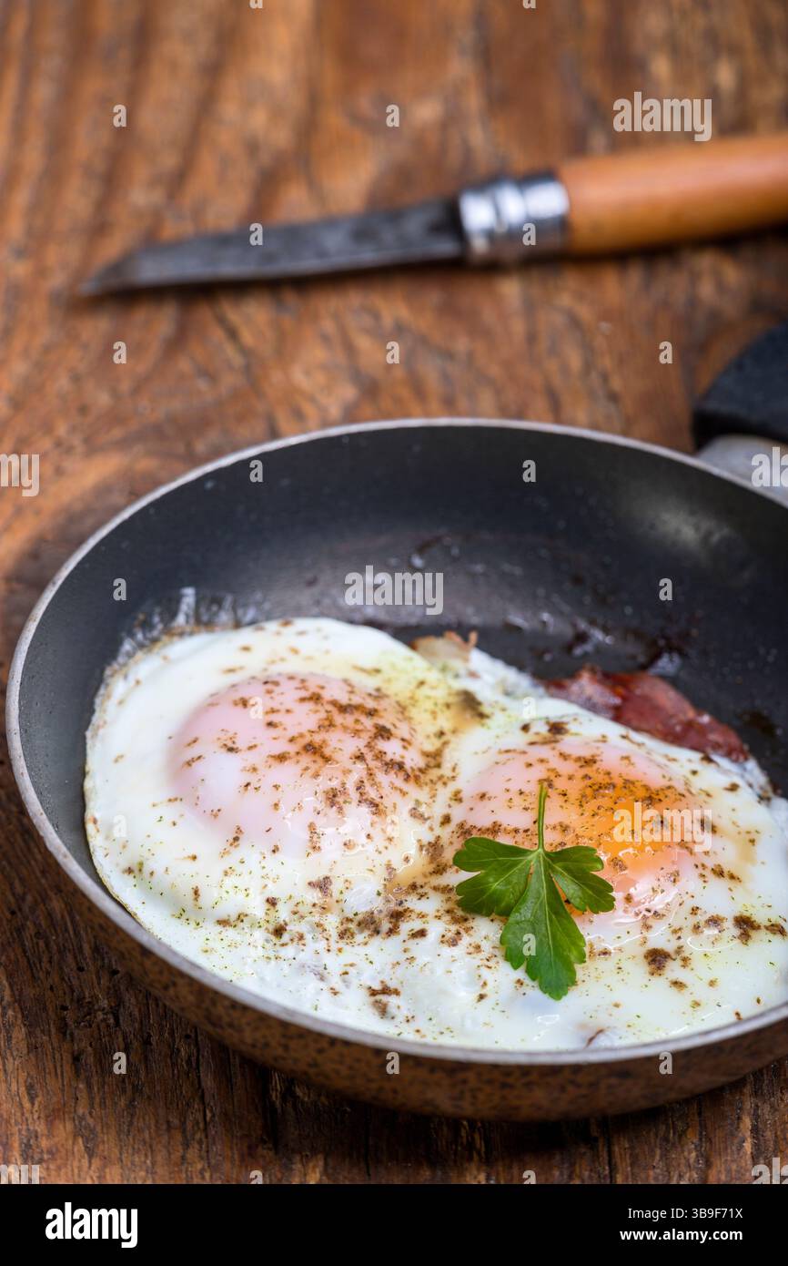 Fried egg in a pan Stock Photo