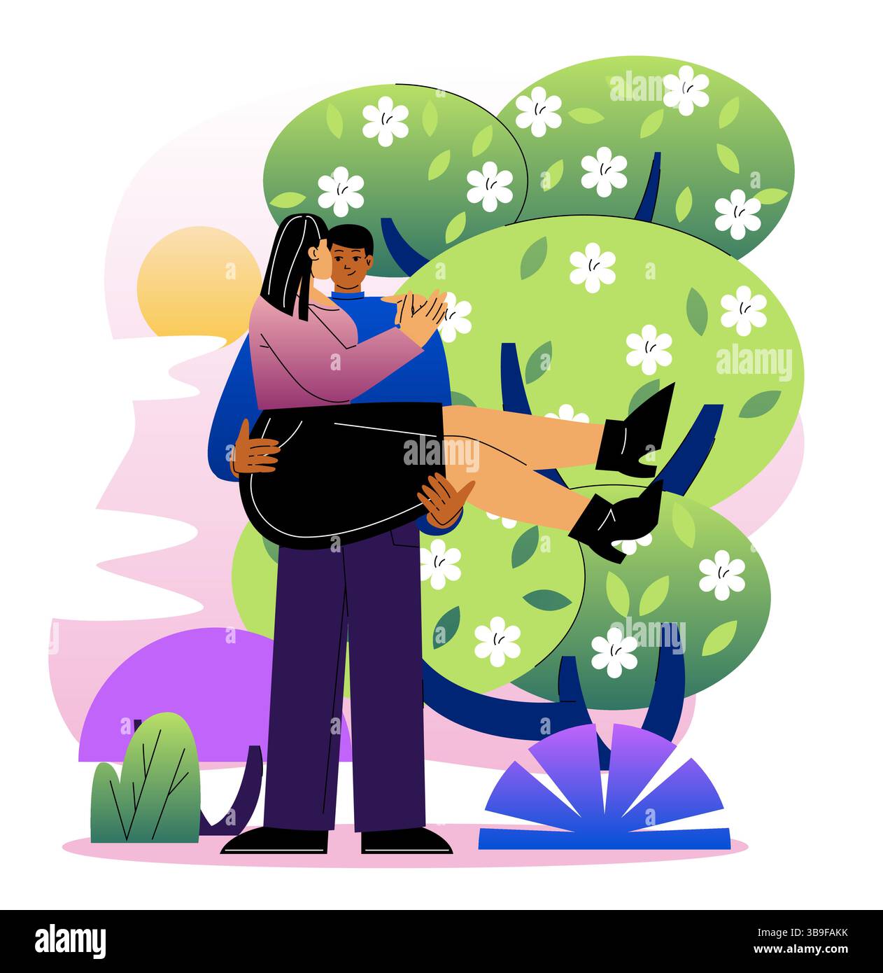 Couple embracing in spring park scene. Vector illustration Stock Vector ...