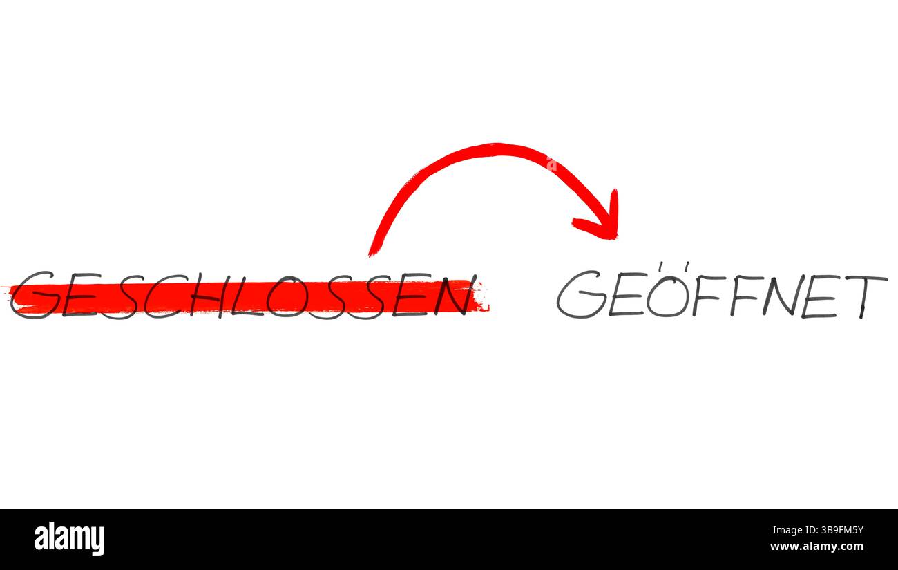 No longer closed - we are open! Handwritten text with red arrow Stock ...