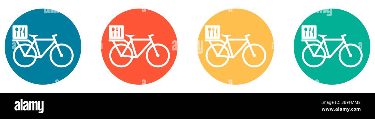 Icons in blue red orange and green show delivery of food by bicycle Stock Photo