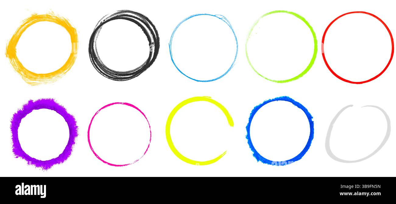 10 hand-painted colourful circles as a border Stock Photo