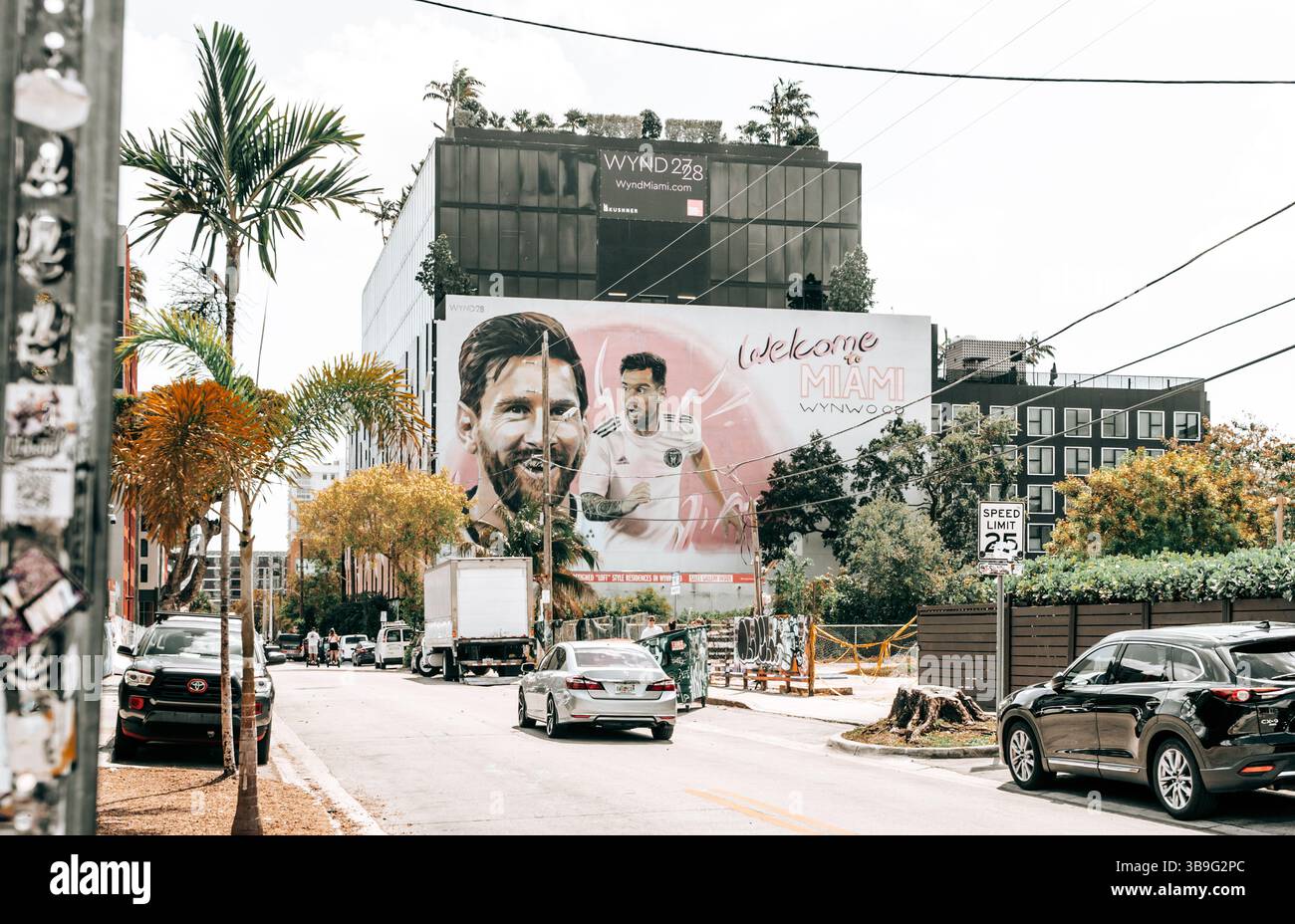 Miami, Florida, USA - April 16, 2025: A large mural in Miami’s Wynwood district features soccer star Lionel Messi in an Inter Miami jersey. Stock Photo