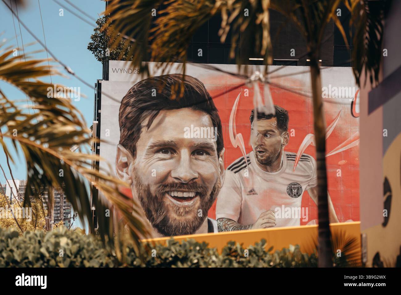 Miami, Florida, USA - April 16, 2025: A large mural in Miami’s Wynwood district features soccer star Lionel Messi in an Inter Miami jersey. Stock Photo