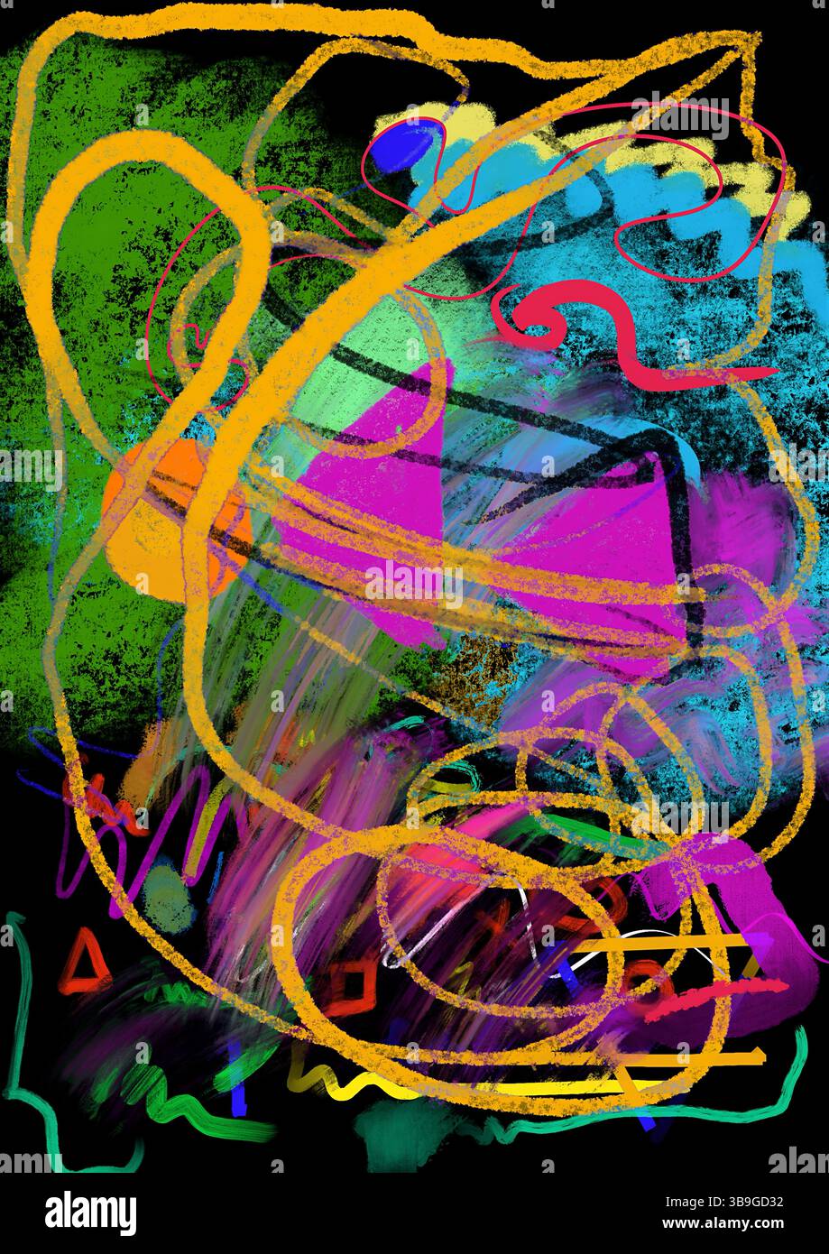 A vibrant and dynamic abstract composition featuring bold, swirling ...