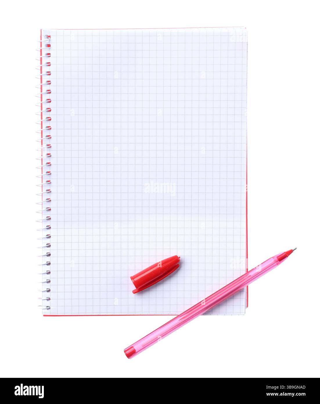Pen and open notebook isolated on white, top view Stock Photo
