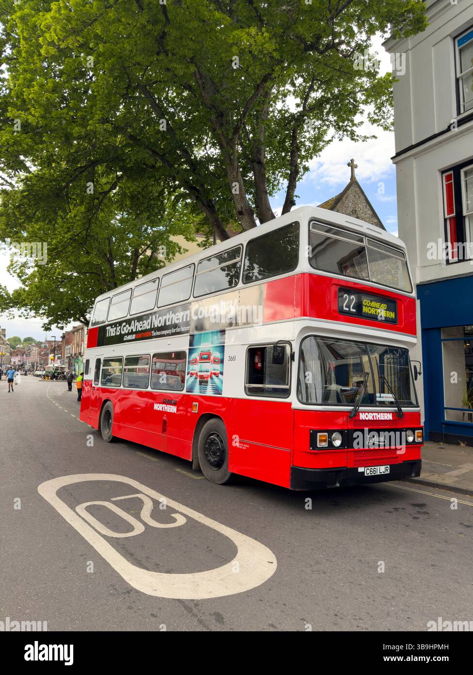 Winchester Hampshire England UK.05.05.2025. An old red and white double decker bus visiting Winchester on Bank Holiday. Stock Photo