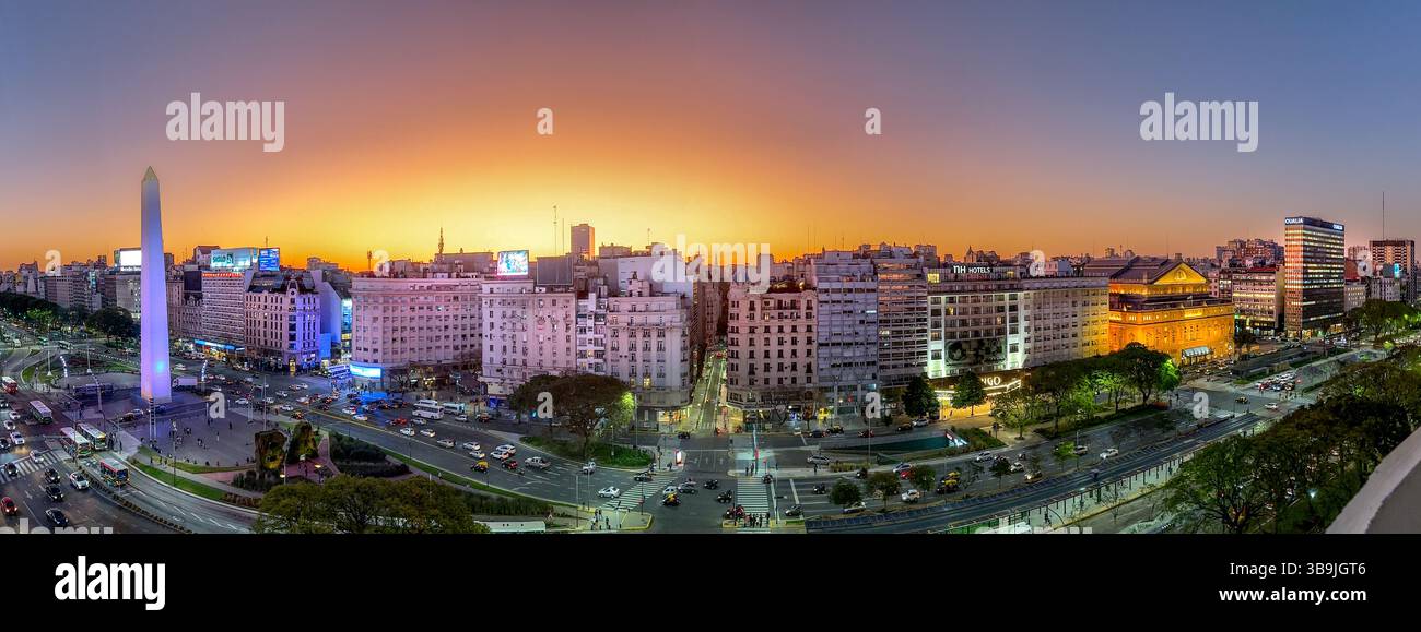 Panoramic evening cityscape of the San Nicolas district in downtown Buenos Aires, Argentina, with the iconic Obelisco and busy thoroughfare of Avenida - Smartphone Captured Stock Image