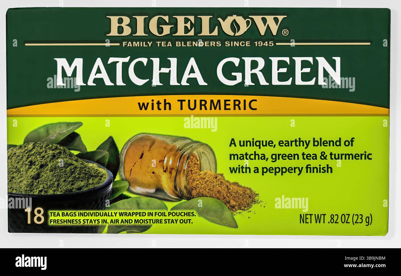 Bigelow Matcha Green Tea with Turmeric described as a blend of matcha, green tea, and turmeric with a peppery finish. Stock Photo