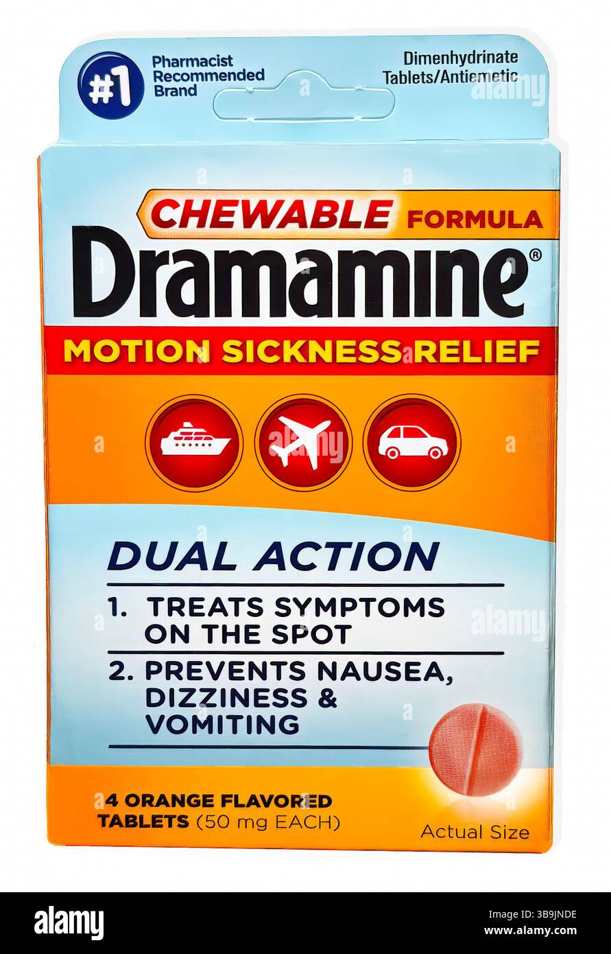 Dramamine Chewable Tablets for motion sickness relief. Prevents and treats nausea, vomiting, and dizziness related to motion sickness. Stock Photo