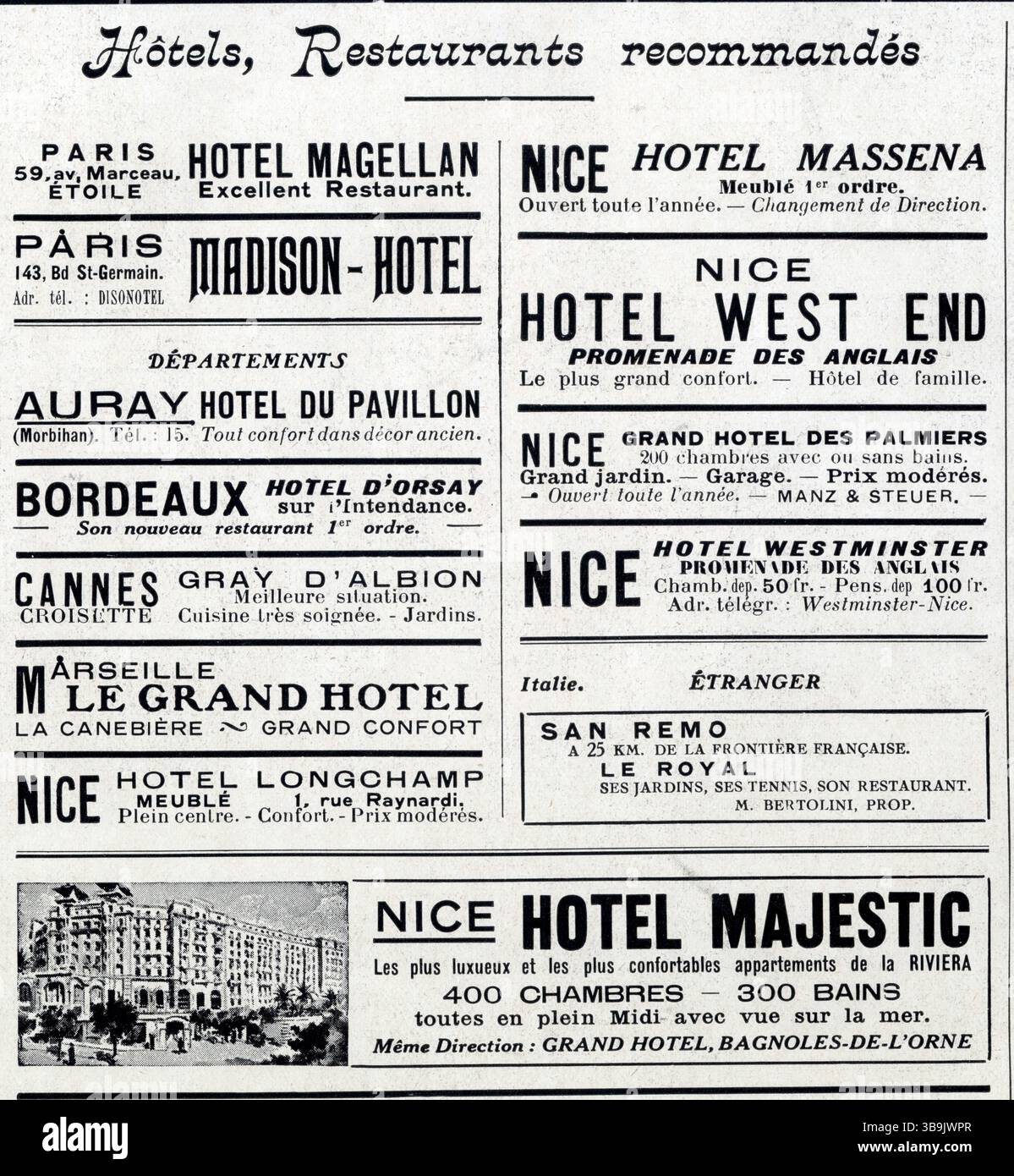 PUB ANCIENNE.1 MARS 1930.HOTELS RESTAURANTS RECOMMANDÉS Stock Photo