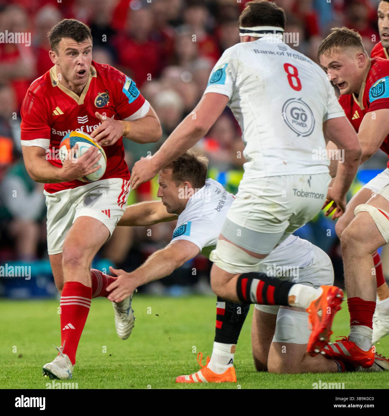 Limerick, Ireland. 10th May, 2025. Tom Farrell of Munster with the ball ...