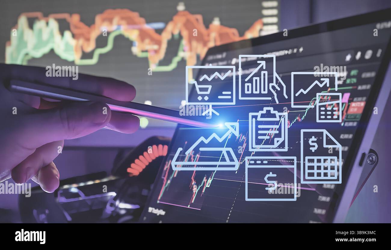 Analyzing Financial Data on Digital Dashboard Stock Photo