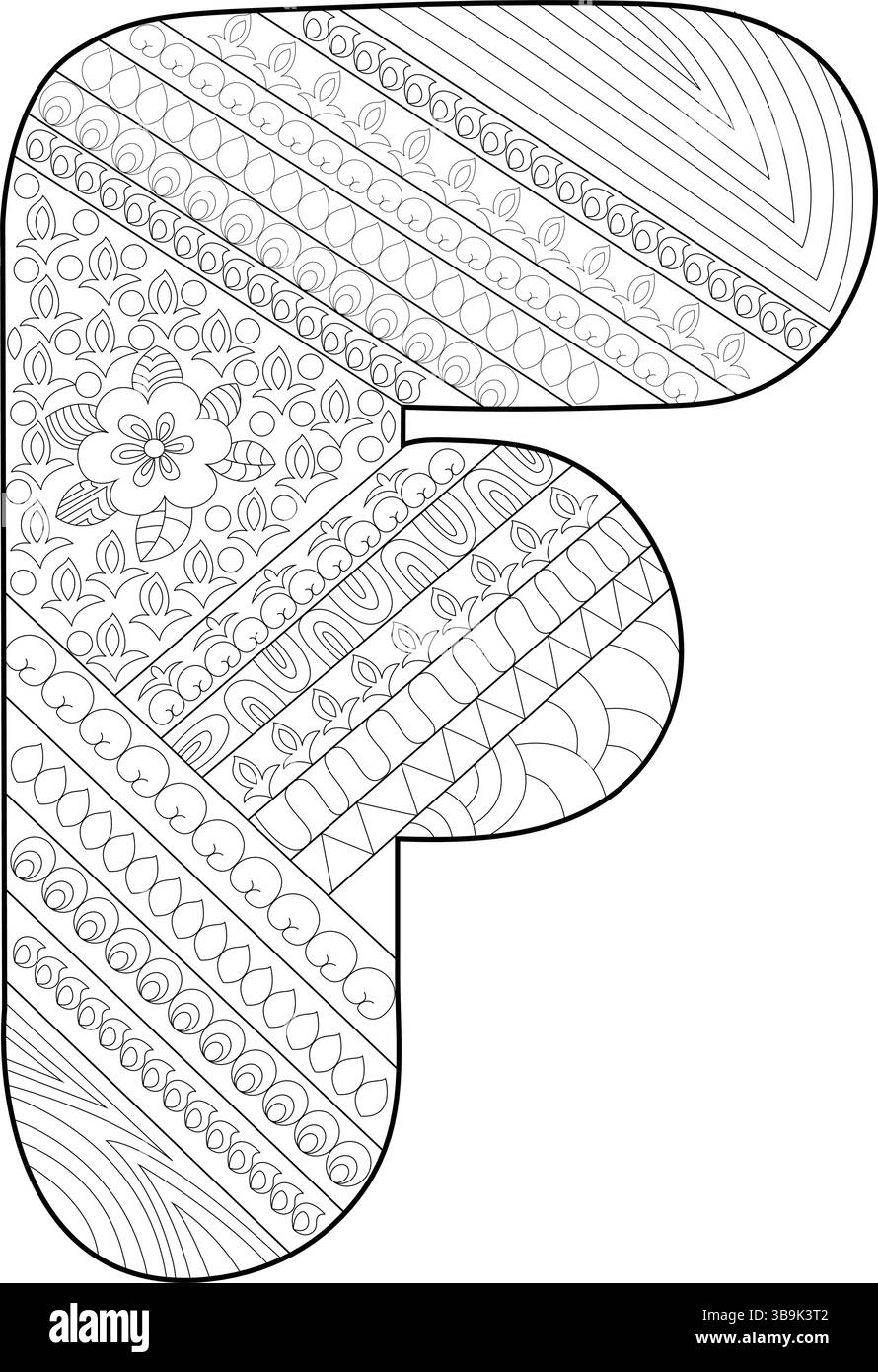 Intricate black and white illustration of the uppercase letter F ...