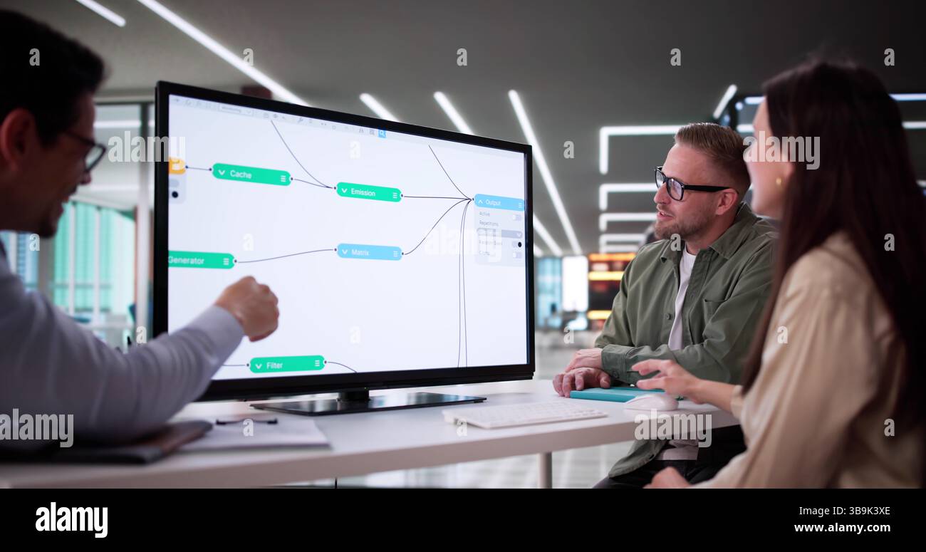 Professional Engineers Using Node Editor For AI Business Development And Research. Stock Photo