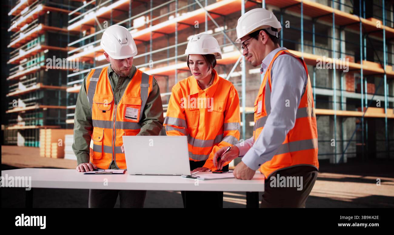Construction Engineers Ensuring Safety On Job Site Using Technology Stock Photo