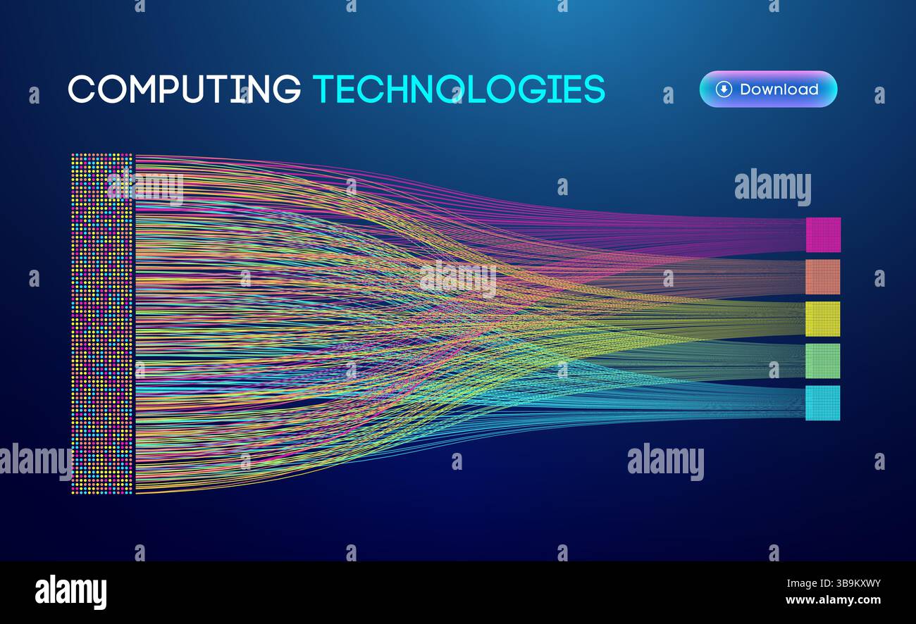 Abstract computing technologies visualization with colorful data streams, structured information flow, and digital processing on a dark background, re Stock Vector