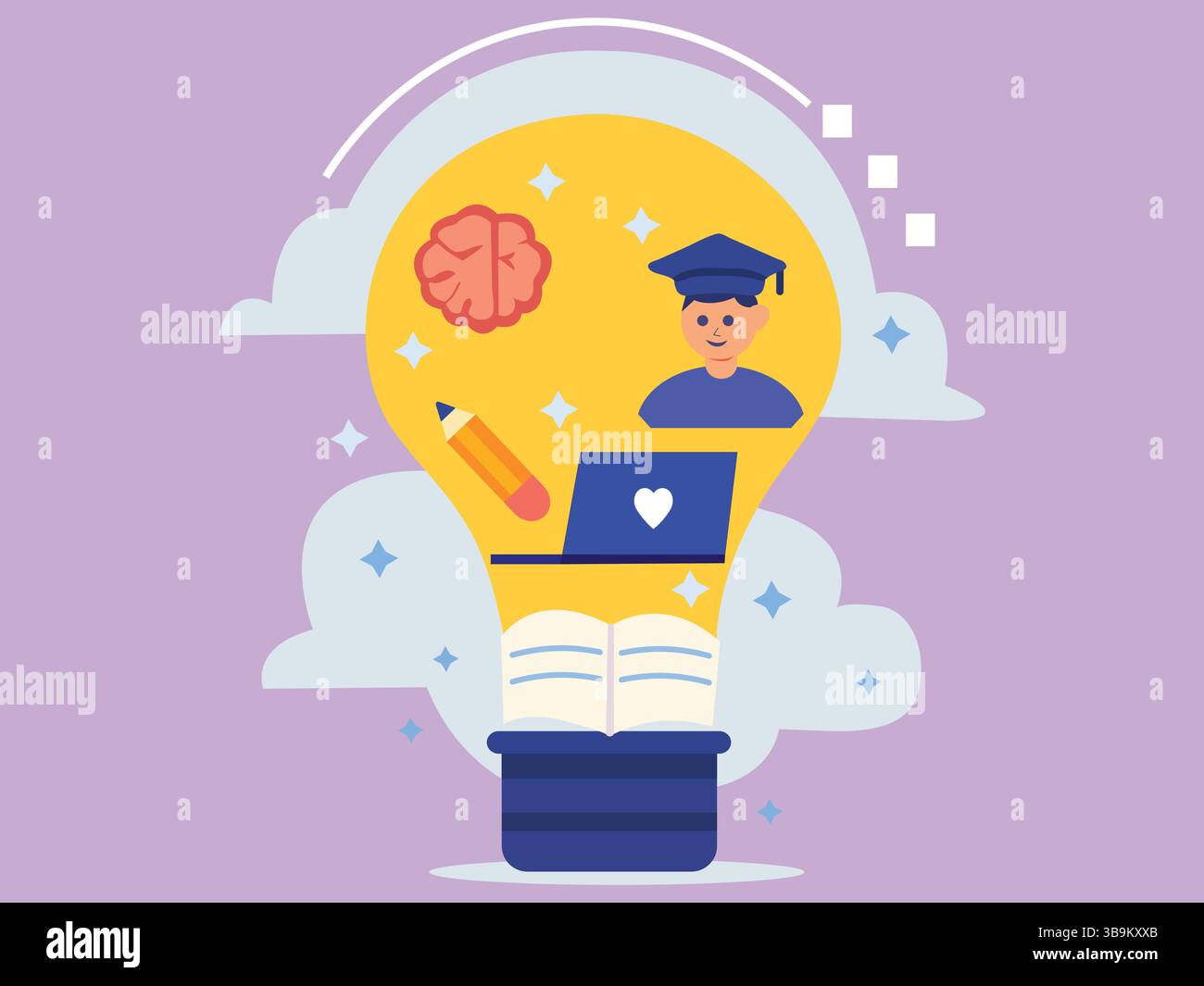 Education Concept. Flat Style vector illustration a person inside a light bulb with books, symbols, and thoughts representing imagination. Stock Vector