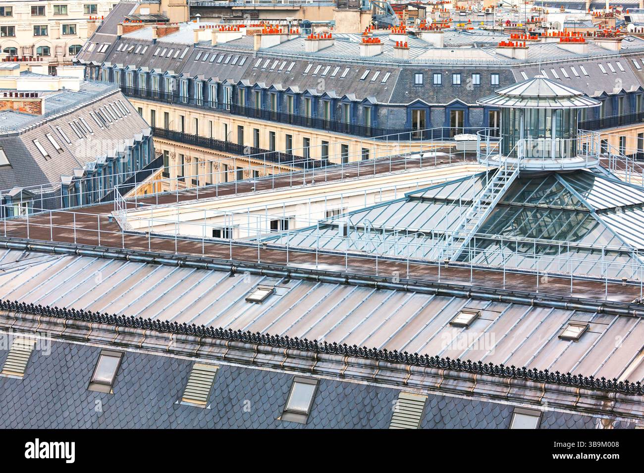 Aerial view of classic Parisian rooftops with slate tiles, dormer ...