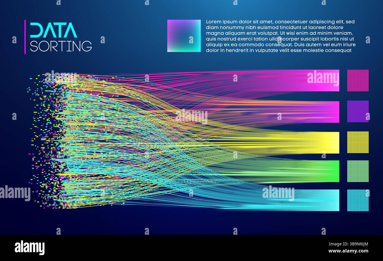 This abstract image features flowing multi-colored lines representing data sorting processes. The gradient effects and vibrant color transitions contr Stock Vector