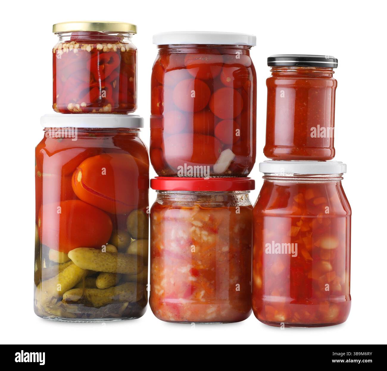 Many jars with different pickled products isolated on white Stock Photo