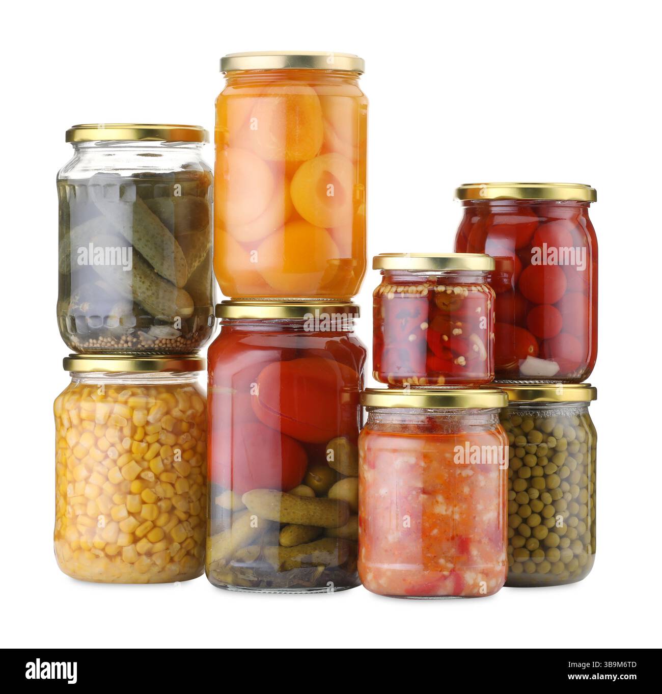 Many jars with different pickled products isolated on white Stock Photo