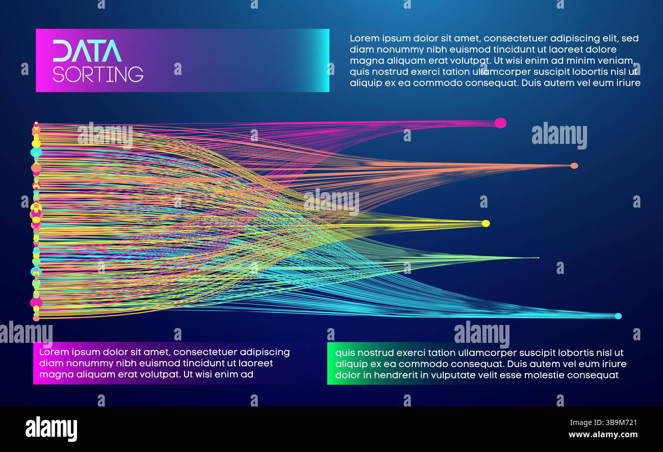 The image displays structured, colorful data lines converging and diverging on a dark gradient background, symbolizing organized data sorting. Bright Stock Vector