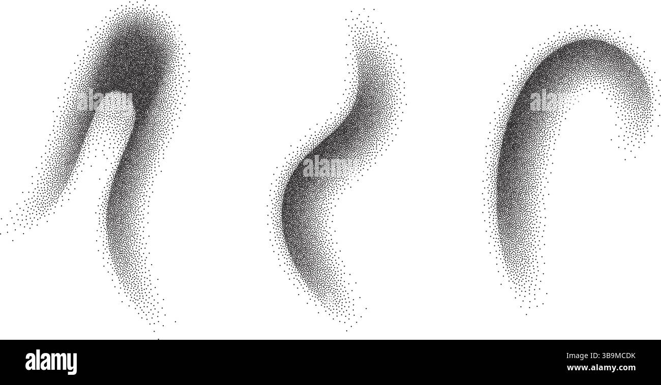 Dynamic stipple texture abstract black and white dotwork shapes with a unique stippled gradient and splatter effect. Stock Vector