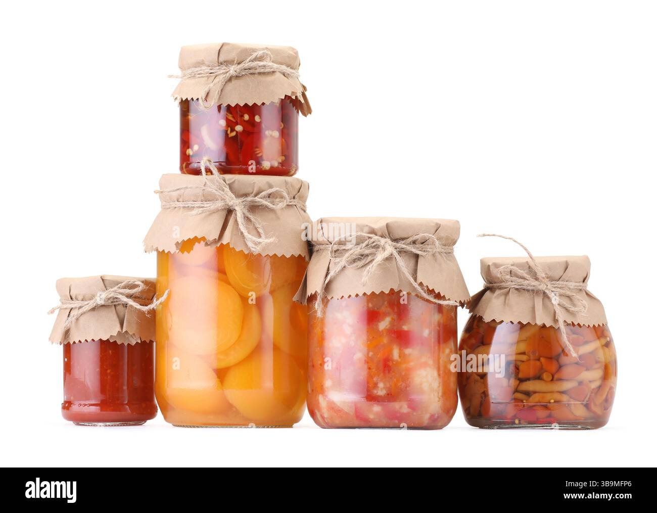 Many jars with different pickled products isolated on white Stock Photo
