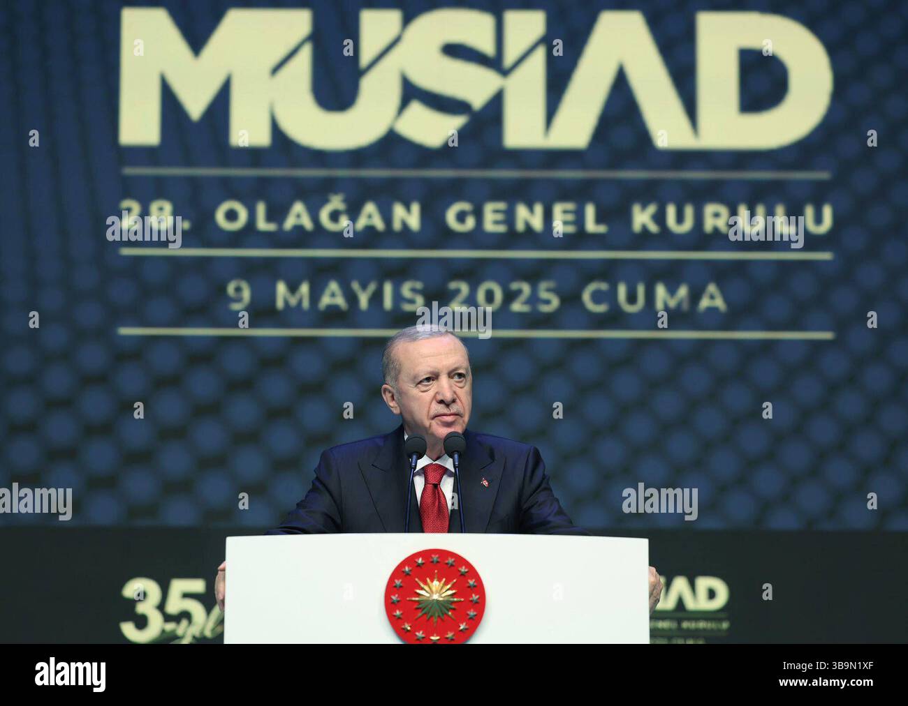 Turkish President Recep Tayyip Erdoan attends the 28th Ordinary General Assembly of the Independent Industrialists and Businessmen Associationon Turkish President, Recep Tayyip Erdoan attends the 28th Ordinary General Assembly of the Independent Industrialists and Businessmen Associationon, May, on May 9, 2025. Photo by Turkish presidency  apaimages Ankara Ankara Turkey 090525 Turkey TPO 001 Copyright: xapaimagesxTurkishxpresidencyxxapaimagesx Stock Photo