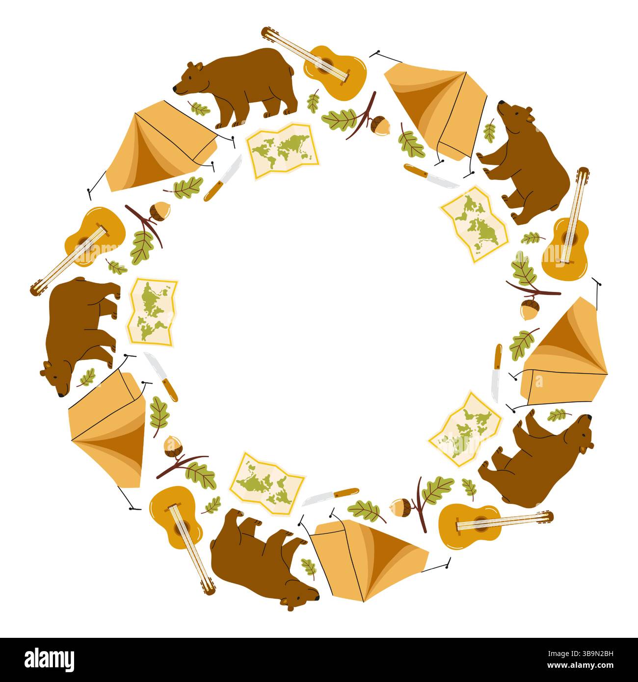 Creative camping circle design featuring tents, bears, and musical instruments Stock Vector