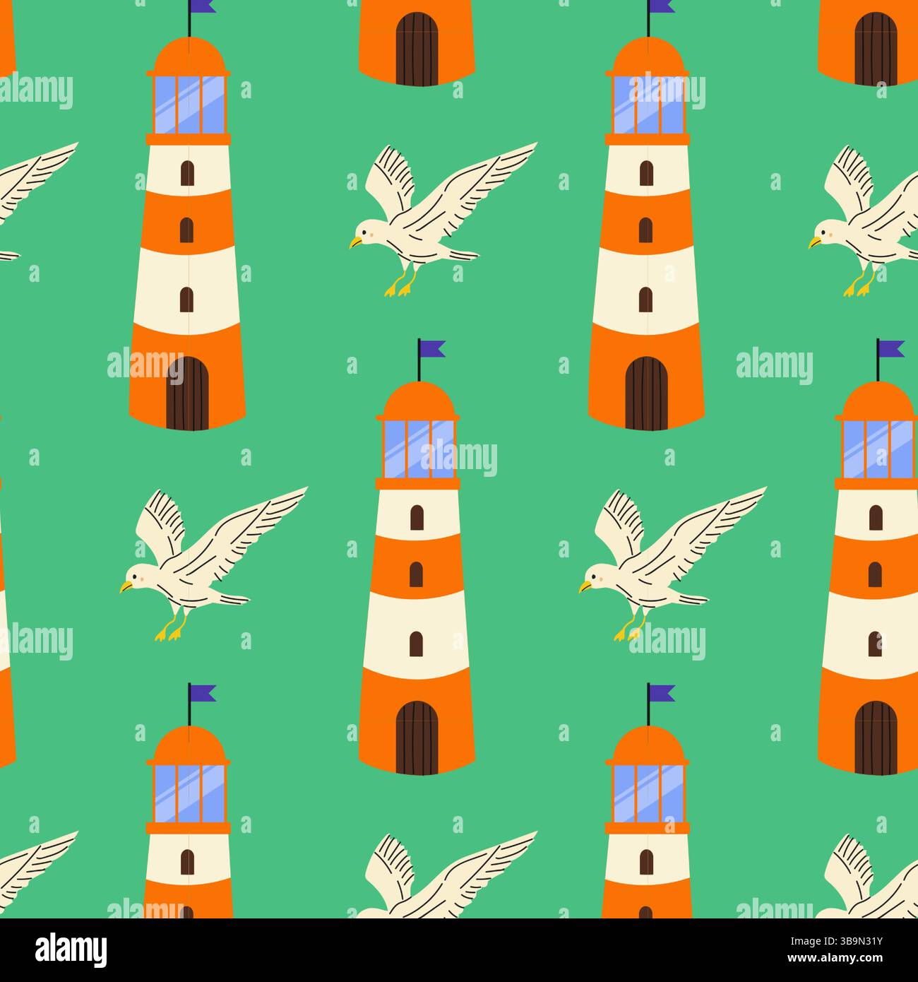 Colorful lighthouse and seagull pattern on bright background with ...