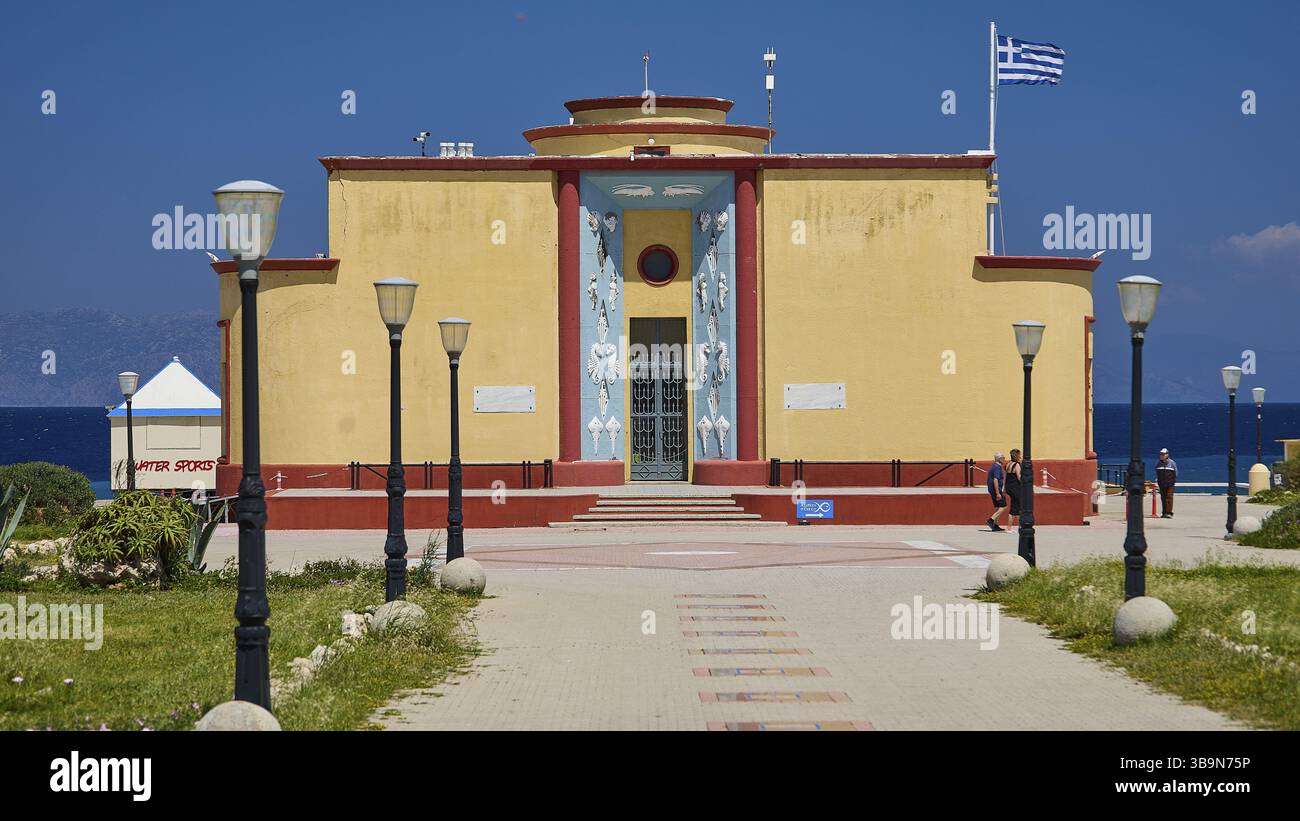 Rodecs Building Old Aquarium, northern tip of RhodesLarge yellow building with artistic ...