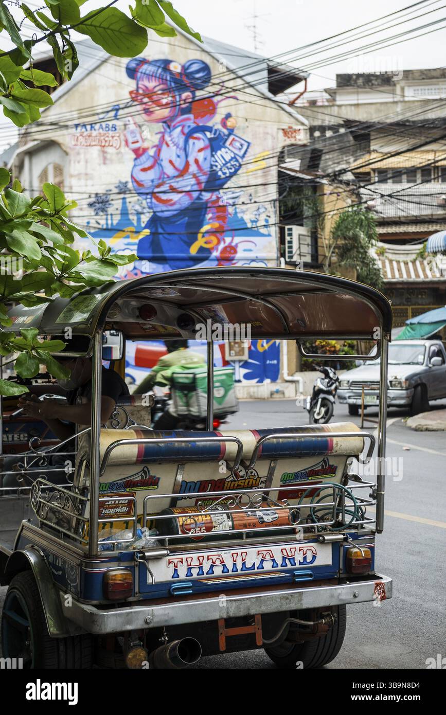 Tuktuk with Thailand lettering, Chinatown, Bangkok, Thailand, Asia Stock Photo
