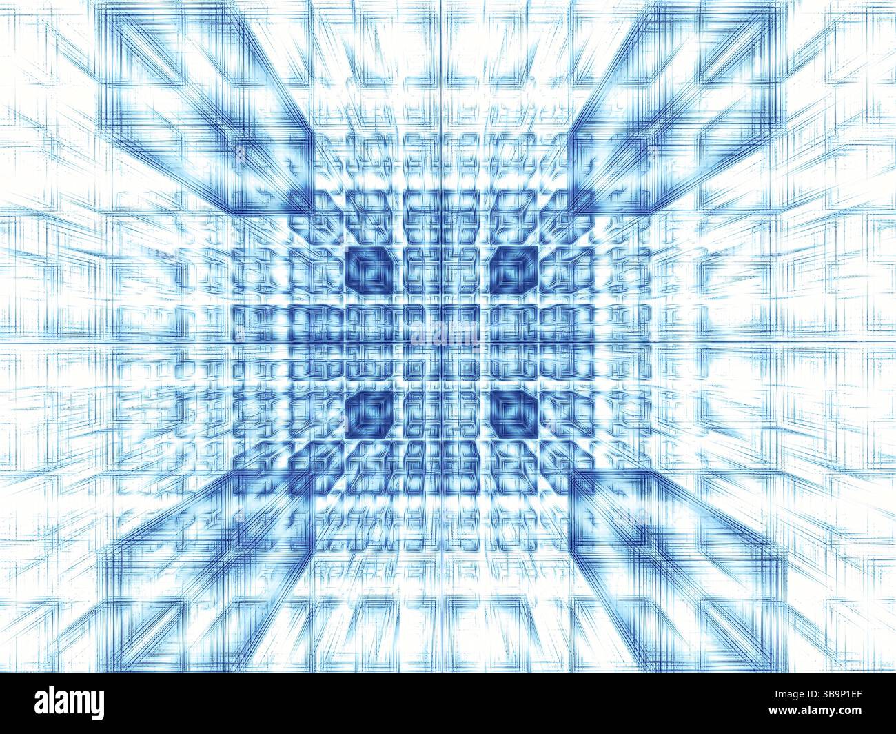 Abstract white and blue fractal background - computer-generated 3d illustration. Digital art: blocks forming a well or tunnel. Concept backdrop for ba Stock Photo