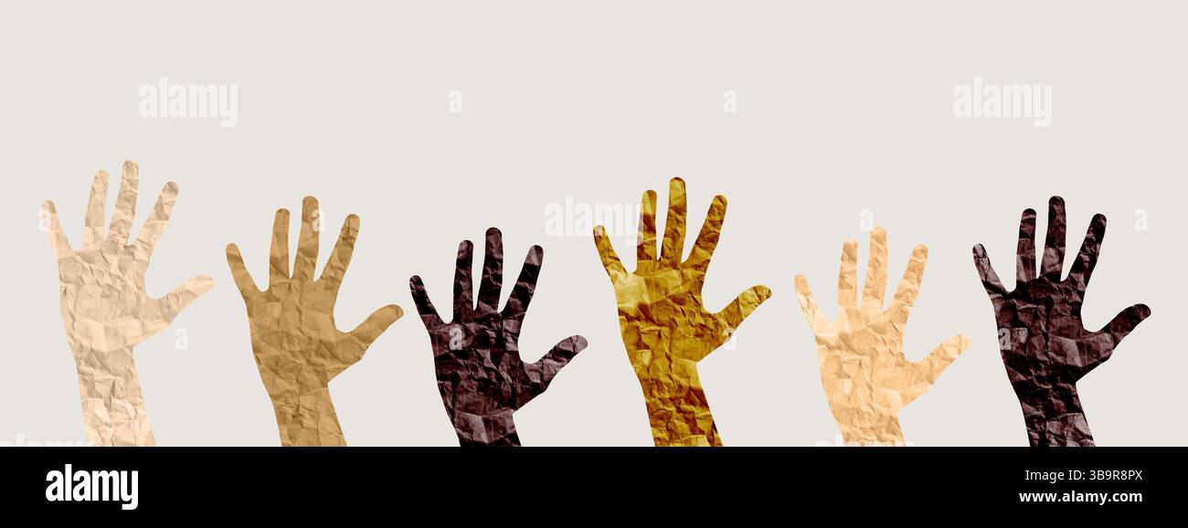 Hands of diverse skin tones raised in unity, symbolizing inclusion ...