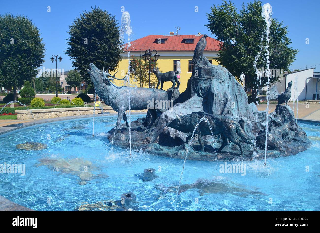 Fountain with animals sculptures in Józefów, Poland Stock Photo