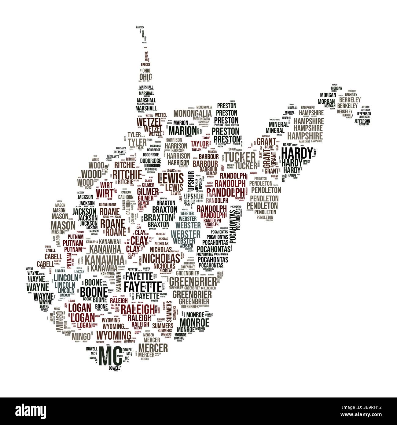 West Virginia Word Cloud. State shape with county division. West Virginia typography style image. County names tag clouds. Vector illustration. Stock Vector