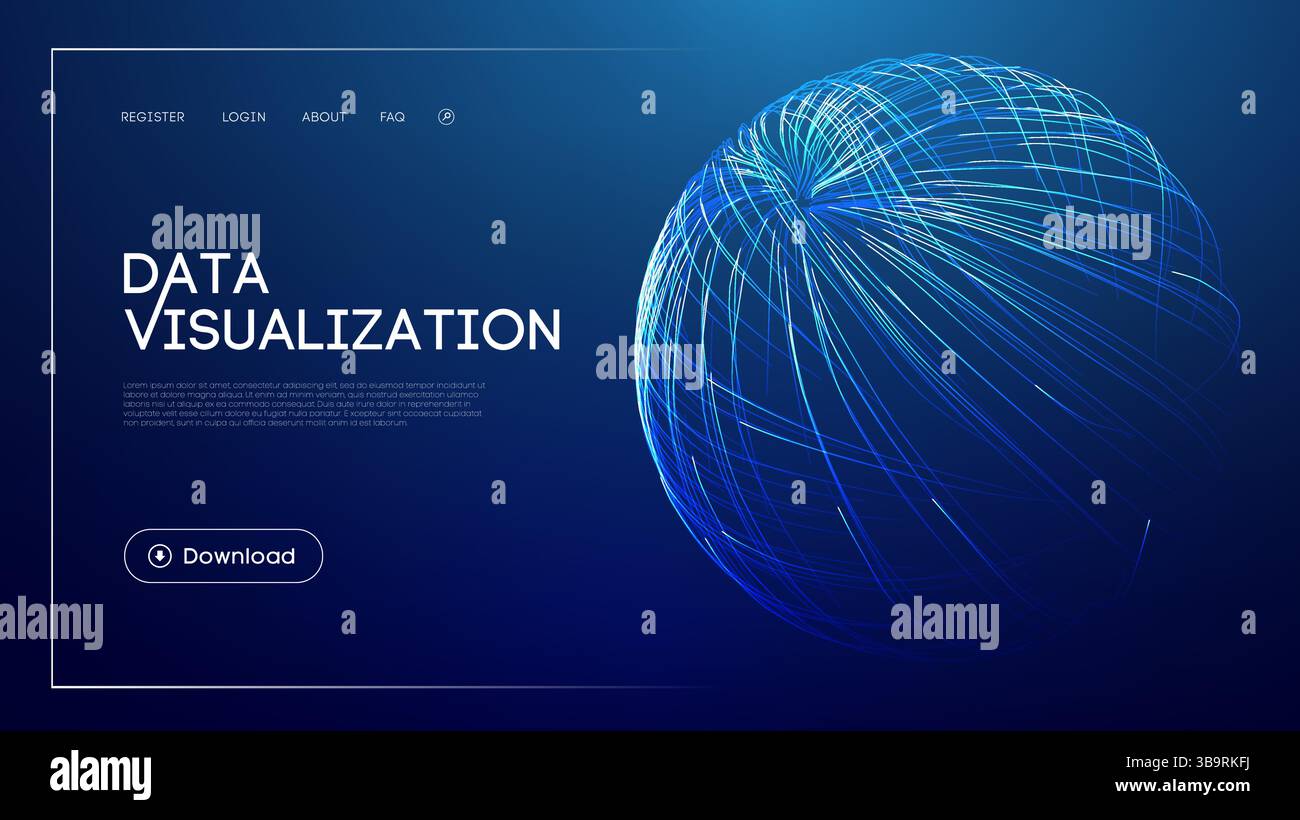 Data visualization technology with abstract glowing sphere, futuristic blue background, big data analytics, digital network representation, and modern Stock Vector
