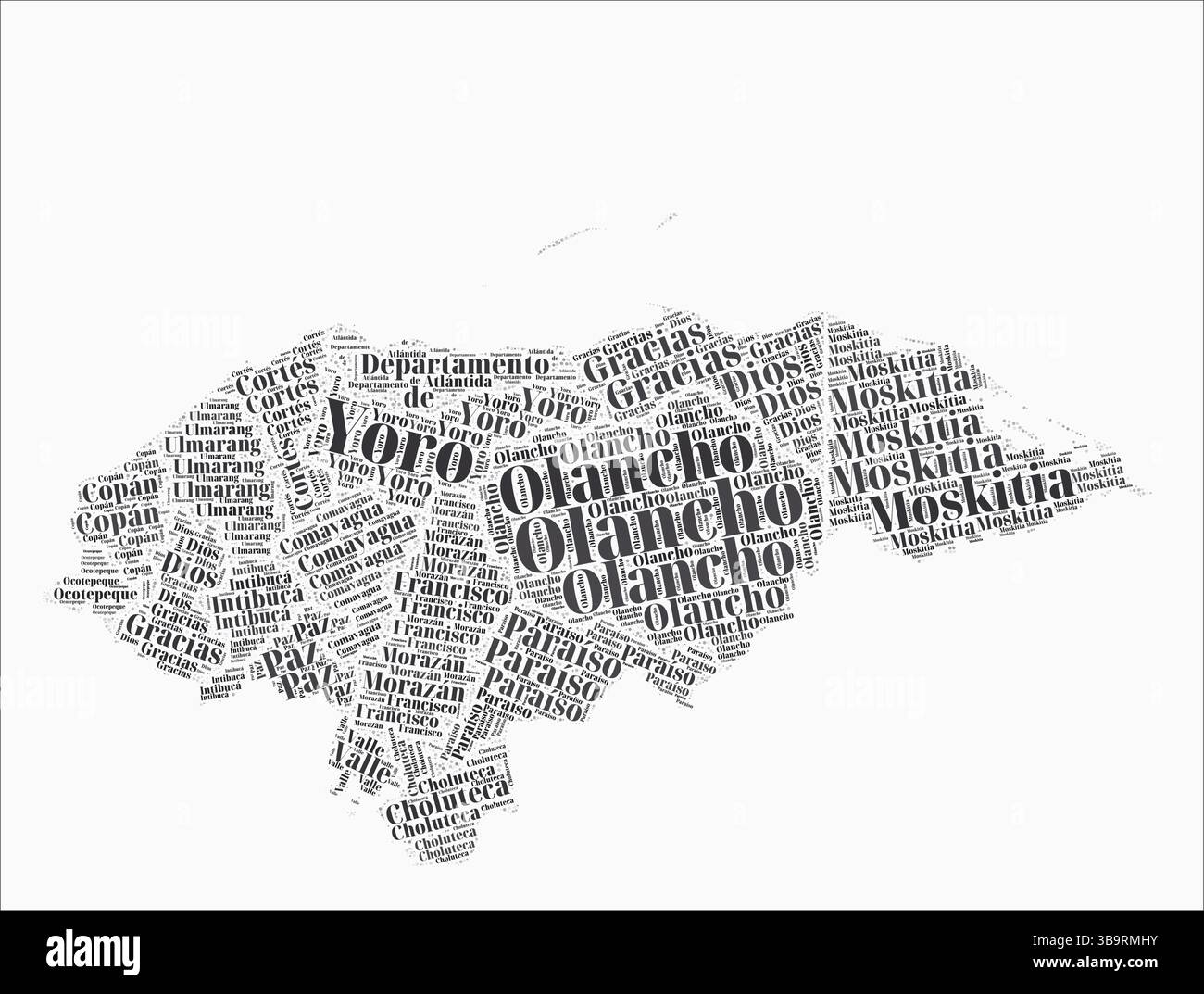 Honduras Text Style Regions. Country region names word clouds in Spanish language. Vibrant vector illustration. Stock Vector