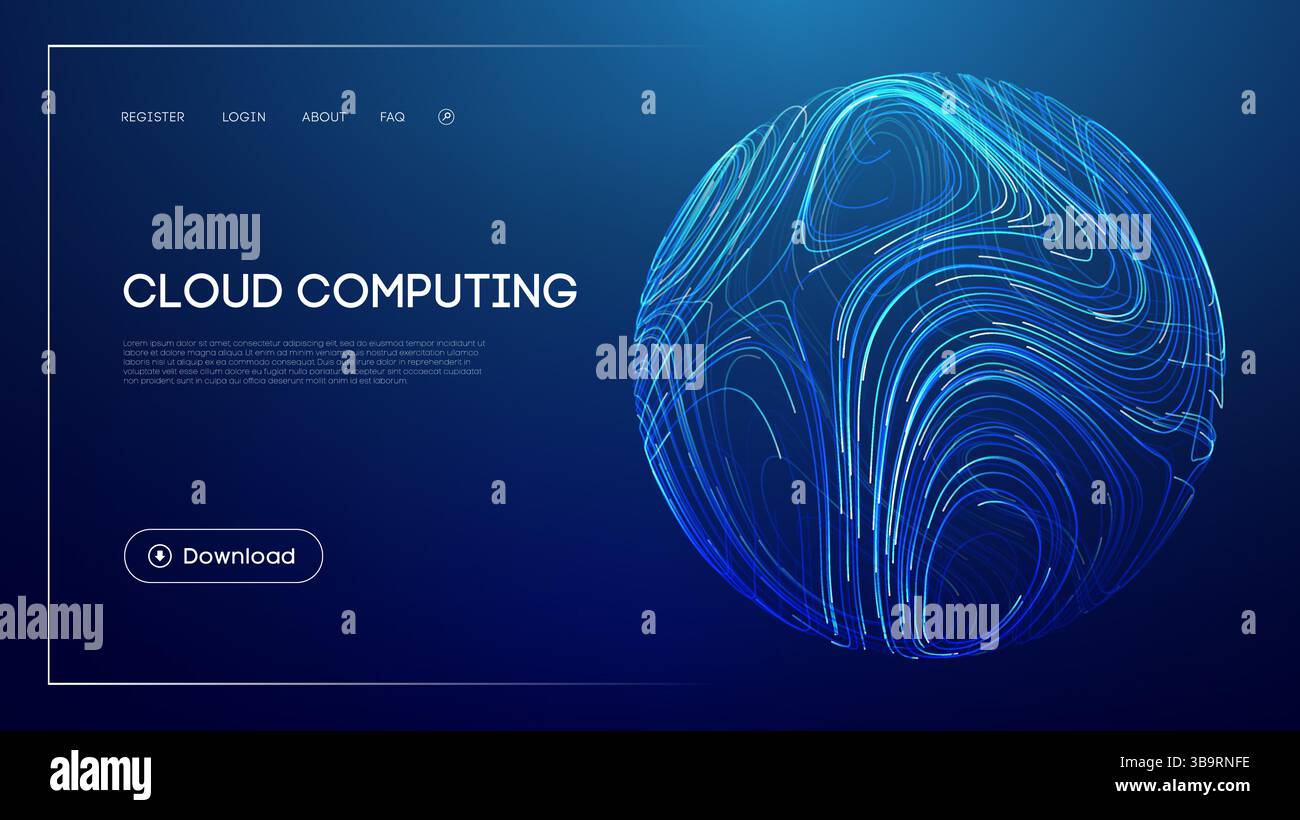 Cloud computing technology with abstract glowing sphere, futuristic blue background, digital data storage, network infrastructure, and modern UI Stock Vector